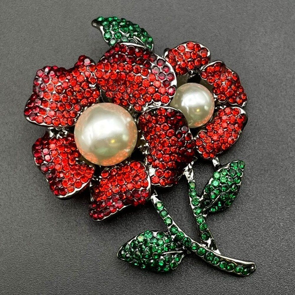 Gun Metal with Ruby Garnet Red and Emerald Crystal Pearl Flower Pin Back Brooch